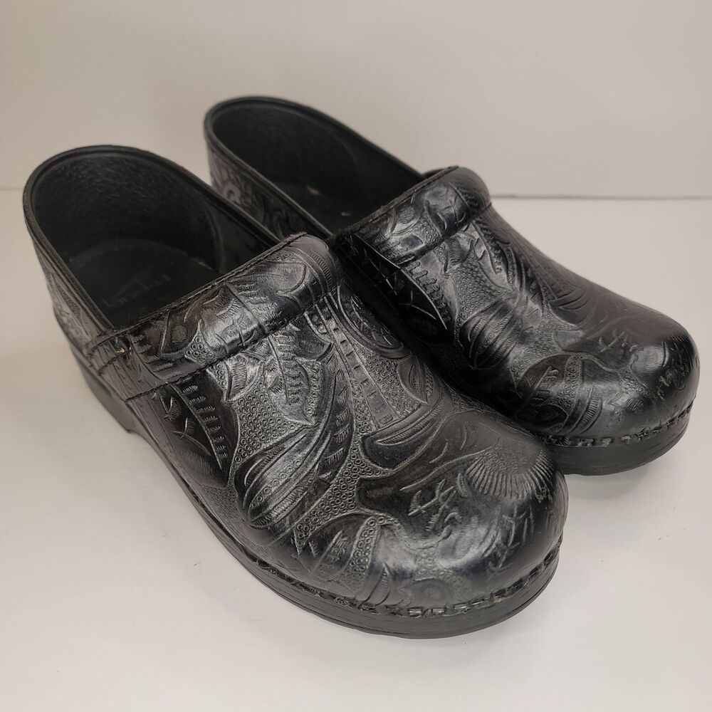 Womens Dansko Professional Black Tooled Leather Clog EU 38 US 8 Comfort Restored